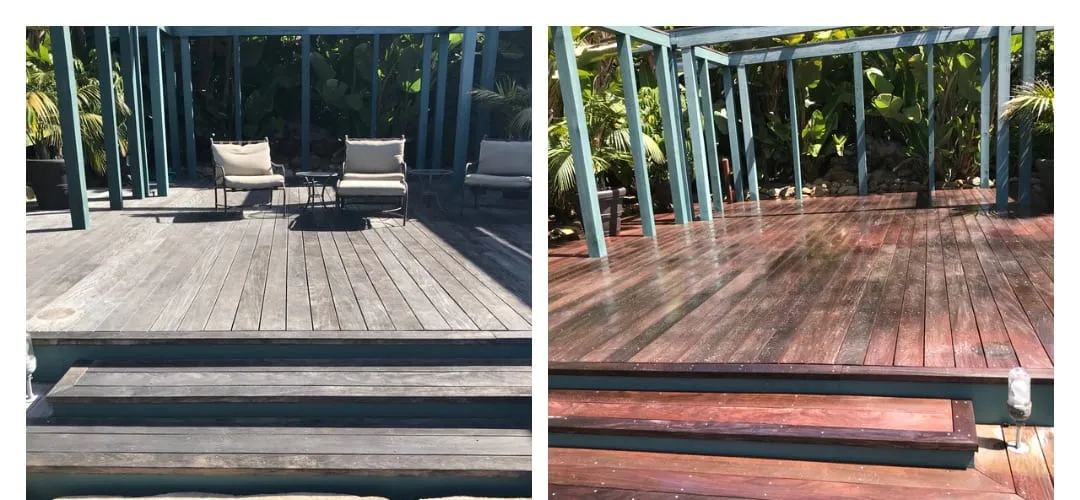 Ipe deck before and after: gray weathered boards on the left, rich reddish-brown oiled boards on the right