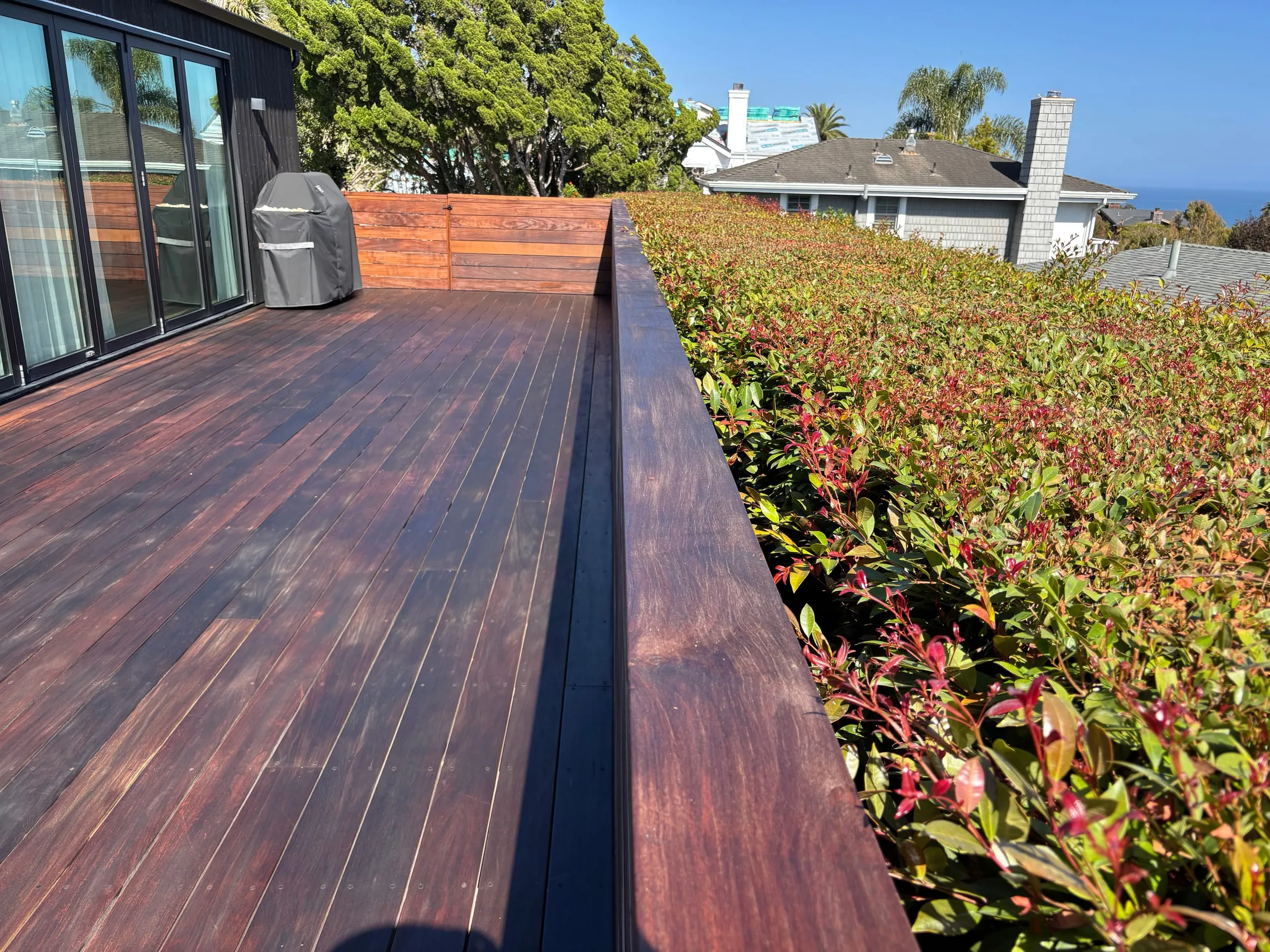 A freshly restored rooftop deck in Santa Barbara, the ipe boards oiled to a warm reddish-brown, with an ocean view beyond