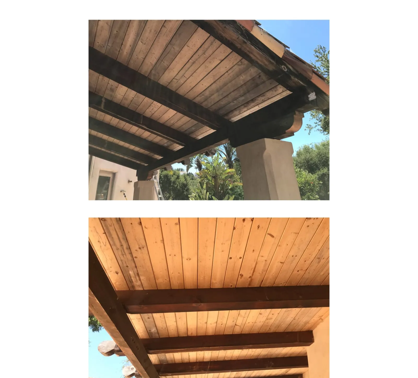 A patio pergola ceiling before and after restoration, weathered gray brought back to warm honey wood